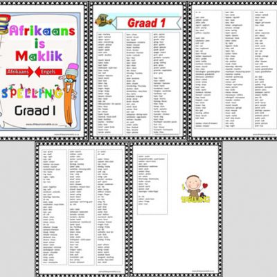 Graad 1 Spelling Boek 2025 PDF- Afrikaans spelling met Engels betekenis