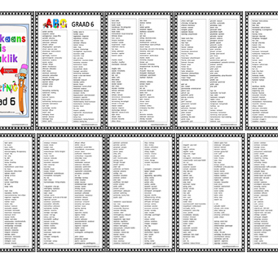 Graad 6 - PDF - Spelling Boek, 2025 Spelwoorde Afrikaans met Engelse Betekenis