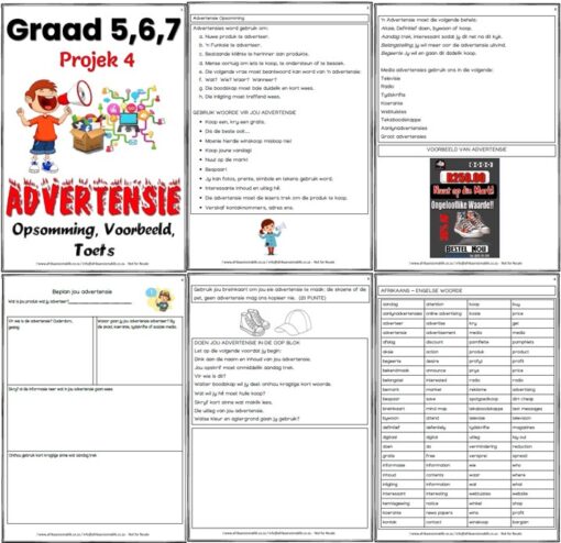 Graad 5, 6, 7 Advertensie – Projek 4 – Opsomming, Voorbeeld, Toets plus Afrikaans en Engelse woorde - Image 2