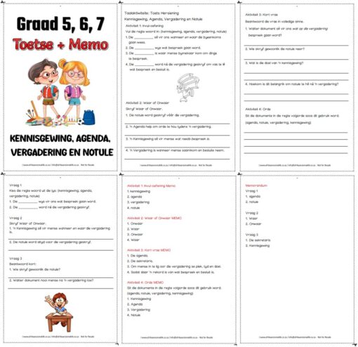 Graad 5 6 7 Toetse oor Notule Agenda Vergardering Kennisgewing + Memo